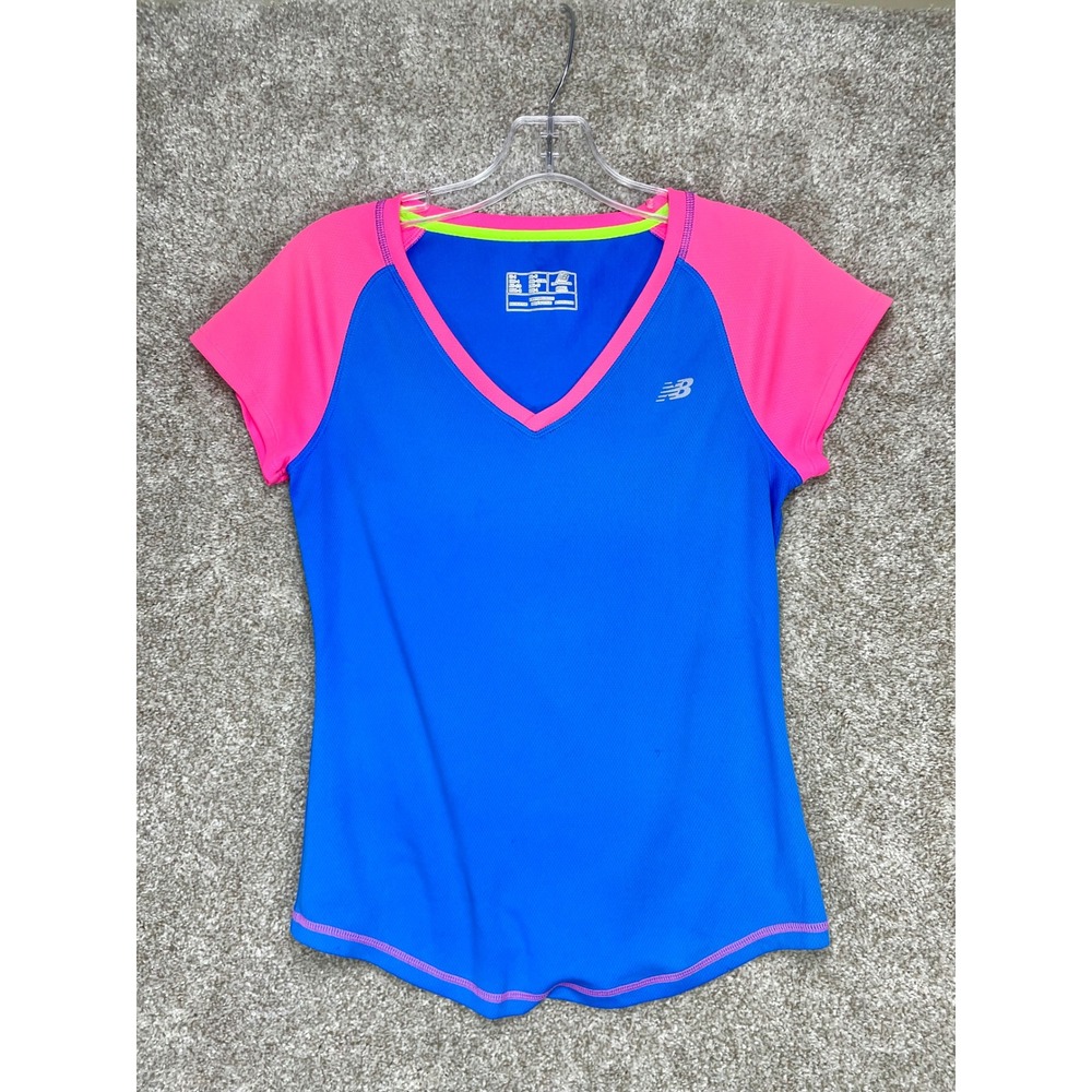 New Balance Colorblock V-Neck Athletic Top Womens Small Blue Pink Running Sporty